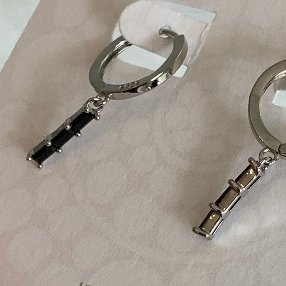 Silver Black Crystal Dangle Hoop Earrings